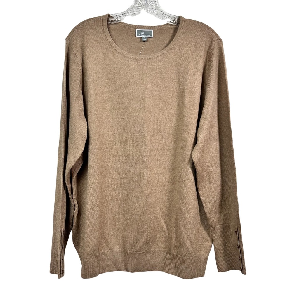 JM Collection Tan Cozy Yarn Crewneck Sweater Button Cuff XL 91048AH460 NEW